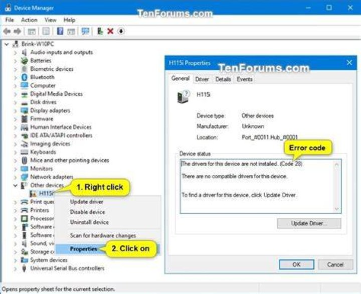 The Device Manager window Device Manager driver error code 32