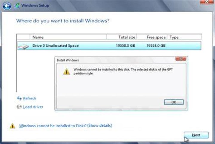 diskpart Windows cannot be installed to this disk